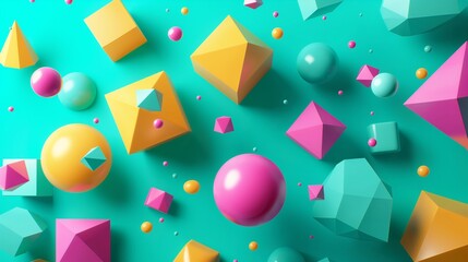 Generate a vibrant 3D abstract background featuring floating geometric shapes, including cubes, spheres, and pyramids, in a mix of bright colors like teal, magenta, and yellow.