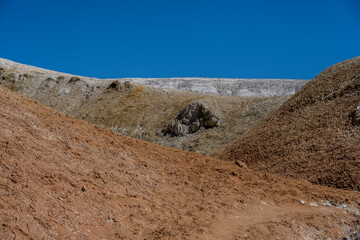 panoramic landscape with unusual red mountains with a Martian view filmed from a drone in Altai in May