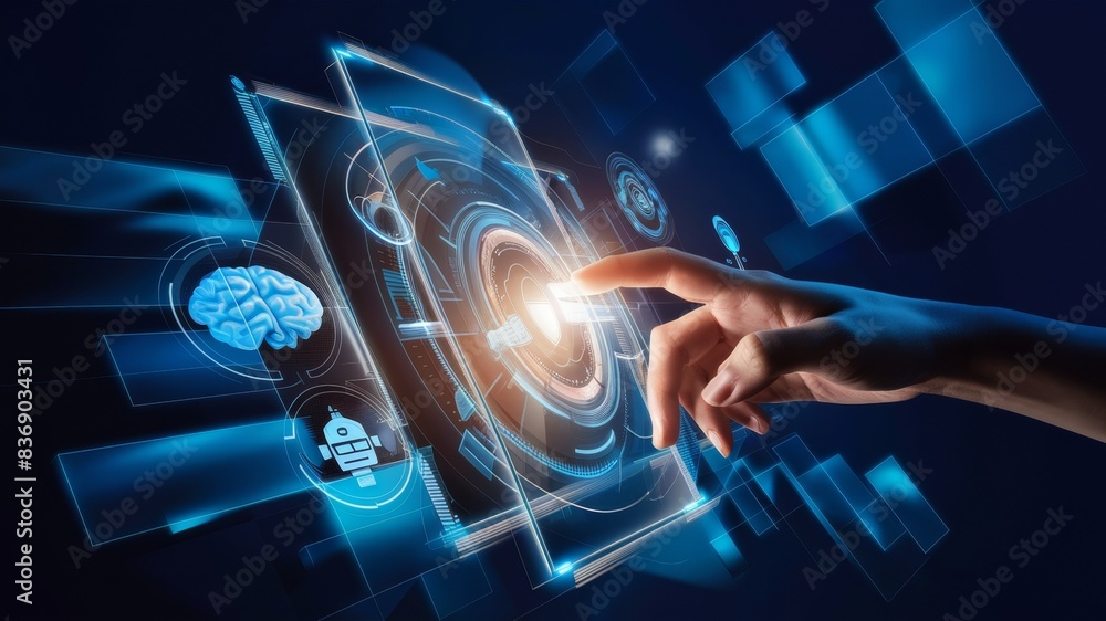 Poster a cutting-edge 3d render of a futuristic digital interface, featuring a human hand reaching out to t
