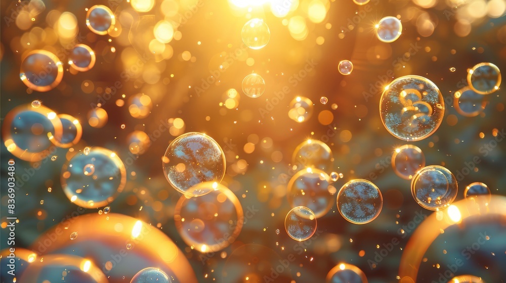 Poster iridescent bubbles drifting in the golden light of dawn. generative ai.