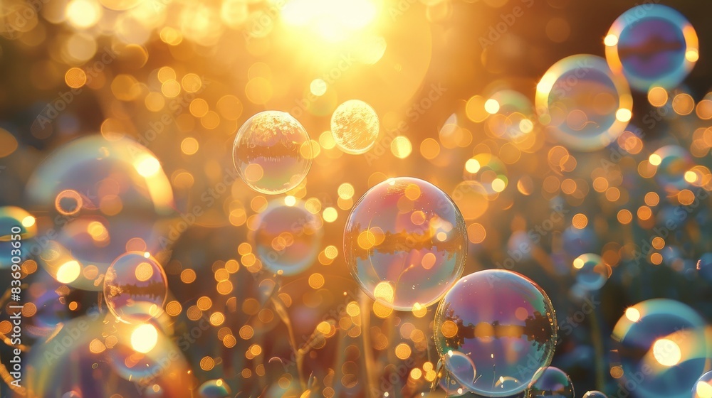 Poster iridescent bubbles drifting in the golden light of dawn. generative ai.