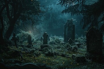 Ethereal night scene of an ancient graveyard bathed in soft moonlight, exuding a haunting atmosphere