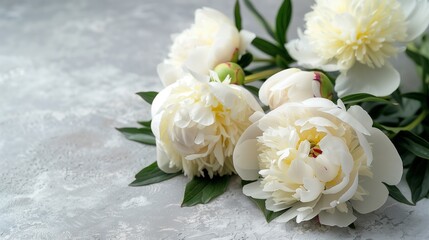 Obraz premium Fresh white peony flowers on light gray table background. Empty place for emotional, sentimental text, quote or sayings. Closeup.