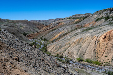panoramic landscape with unusual red mountains with a Martian view filmed from a drone in Altai in May