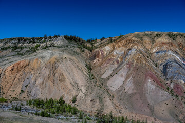 panoramic landscape with unusual red mountains with a Martian view filmed from a drone in Altai in May