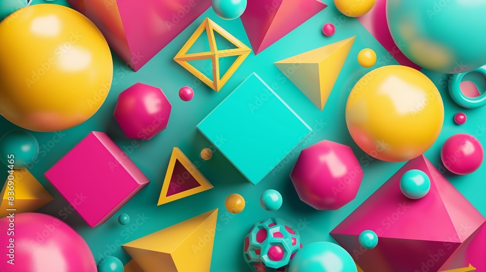 Poster generate a vibrant 3d abstract background featuring floating geometric shapes, including cubes, sphe