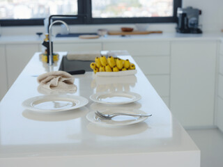 home work in white modern kitchen
