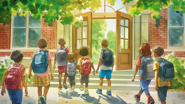 Children enter the school building on the first day of the new school year, with backpacks, under a clear sky. Watercolor illustration