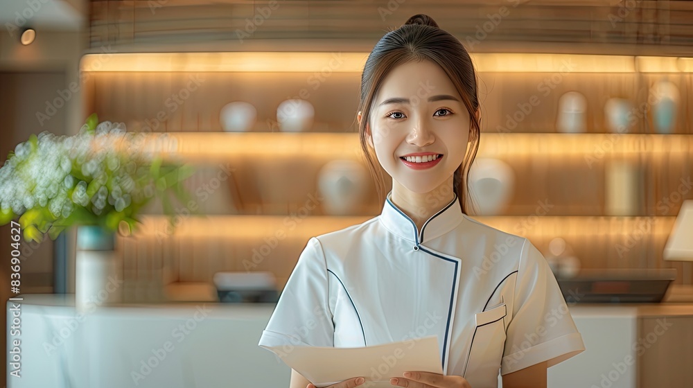 Canvas Prints A young and beautiful Chinese hotel service staff, with short sleeves, wearing a white coat uniform.