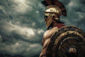 Majestic spartan soldier in helmet and armor stands prepared for combat, with dramatic clouds above