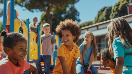 Diverse group of children playing together on a school playground, with various cultural backgrounds visible, enjoying recess