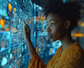 young african - american female programmer working on computer in a modern server room.