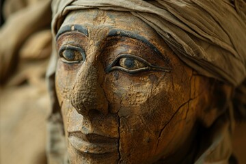 Closeup of an aged wooden statue's face, showcasing detailed carving and emotive eyes