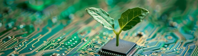 Obraz premium Sustainable technology theme, a young plant sprouting from a circuit board, symbolizing hope and renewal in tech