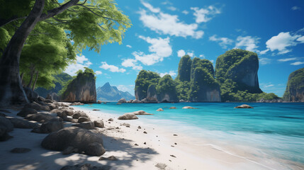 Fototapeta premium Paysage d'une plage paradisiaque de Thaïlande ou de Bali. Eau turquoise, sable fin et blanc. Rocher, falaise et végétation. Vacances, voyage, été, soleil. Pour conception et création graphique.