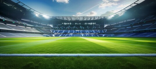  - A stunning 4K UHD photograph showcasing a vibrant green soccer field in sharp focus., This generative photo is ideal for showcasing the beauty and vibrancy of a professional soccer stadium.