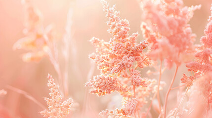 Naklejka premium A soft, pastelcolored background with delicate pink and peach tones, featuring a closeup of blushtoned grasses in the foreground.