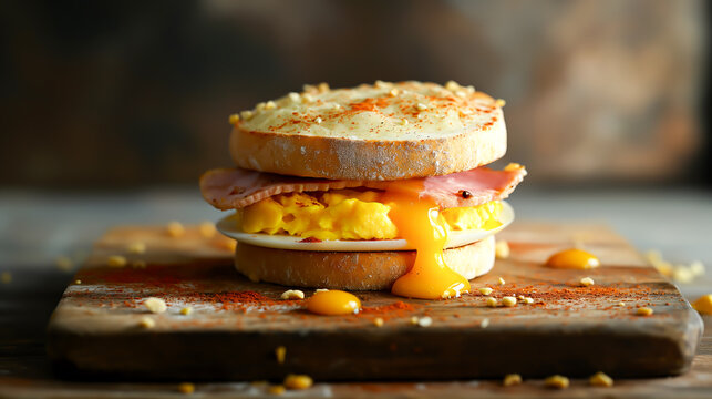 English muffin, scrumbled egg, ham, and cheese breakfast sandwich on a cutting board