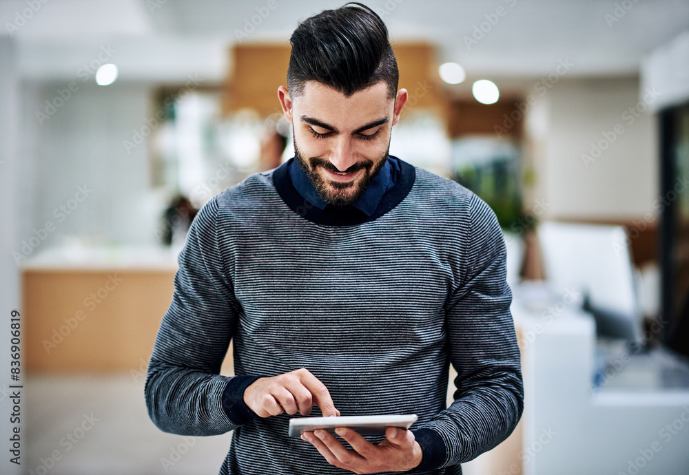 Aufkleber digital tablet, designer and smile in office for ideas, research and networking in modern workplace.