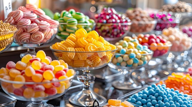 A colorful candy bar with an array of sweets and gummies, including bright red jellies, yellow candies, blue bubbles, green dragees, purple lollipops, orange pastries.