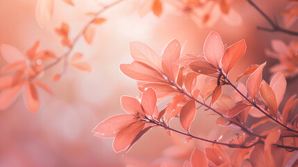A closeup of coral pink leaves, with a blurred background that creates an ethereal and dreamy atmosphere. The warm sunlight enhances the softness of the scene, creating a tranquil ambiance.