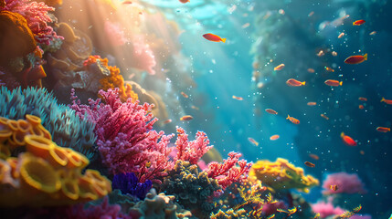 Underwater world corals sea life fish dark colors natural environment flora and fauna sun rays