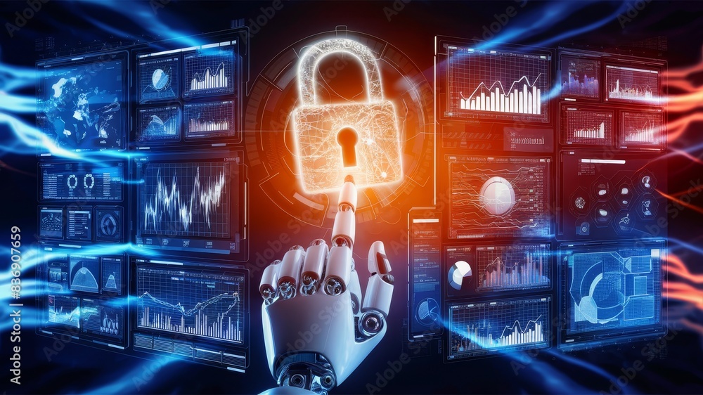 Poster a futuristic digital interface with a robotic hand pointing towards an illuminated padlock icon