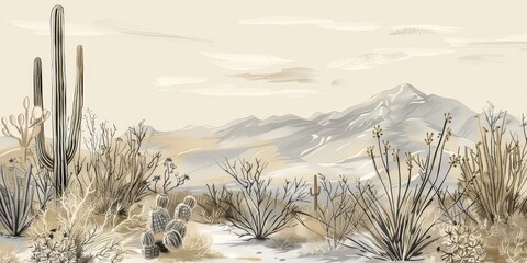  - Old-style illustration of a desert landscape with cacti in 4K UHD., Vintage 4K UHD drawing of a desert landscape with cacti.