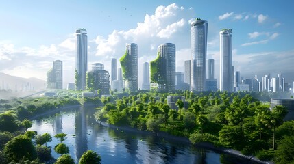 Fototapeta premium A futuristic cityscape with skyscrapers and greenery, symbolizing the balance between urban development and environmental care.
