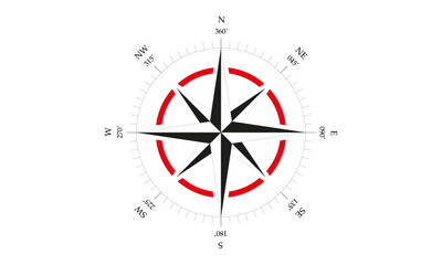 Black, white and red navigation symbol for orienteering. Map direction vintage compass. Ancient marine wind measure vector icon isolated. Old sea or ocean navigation compass for ocean or marine retro.