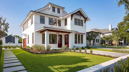 Corner view of a newly constructed craftsman style white house with red accents, in a suburban neighborhood with manicured lawns, modern and classic fusion.