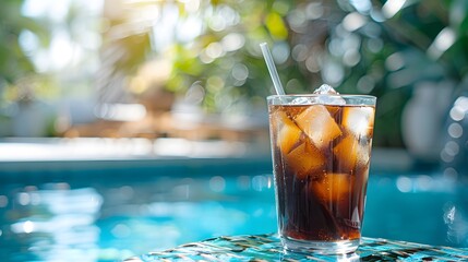 A glass of cold coffee with ice cubes and a straw is placed on the table by the pool, in a closeup shot. The background features an outdoor swimming area.