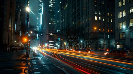 Obraz premium A long exposure photo of city streets at night, with light trails from cars and traffic lights streaking past the camera. creating an urban landscape.