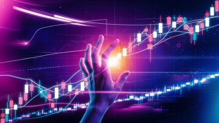 Fototapeta premium A hand, illuminated in a neon hue, reaching out towards a digital representation of a stock market chart.