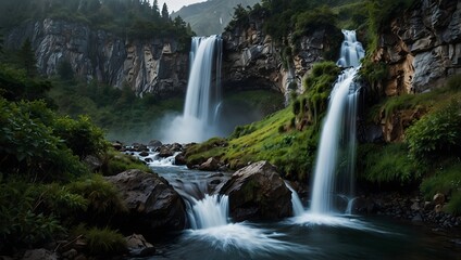 Obraz premium The surreal beauty of a cascading waterfall nestled within the heart of a rugged mountain range ai_generated