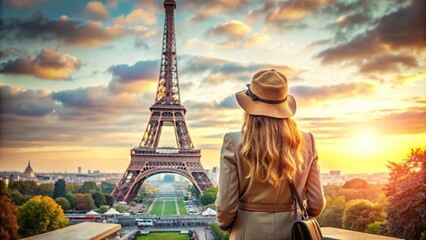 Watercolor painting of female tourist admiring Eiffel Tower in Paris