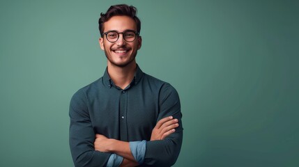  - Confident young man in glasses smiles warmly at the camera with his hands folded., Sharp focus and UHD 4K resolution capture every detail.
