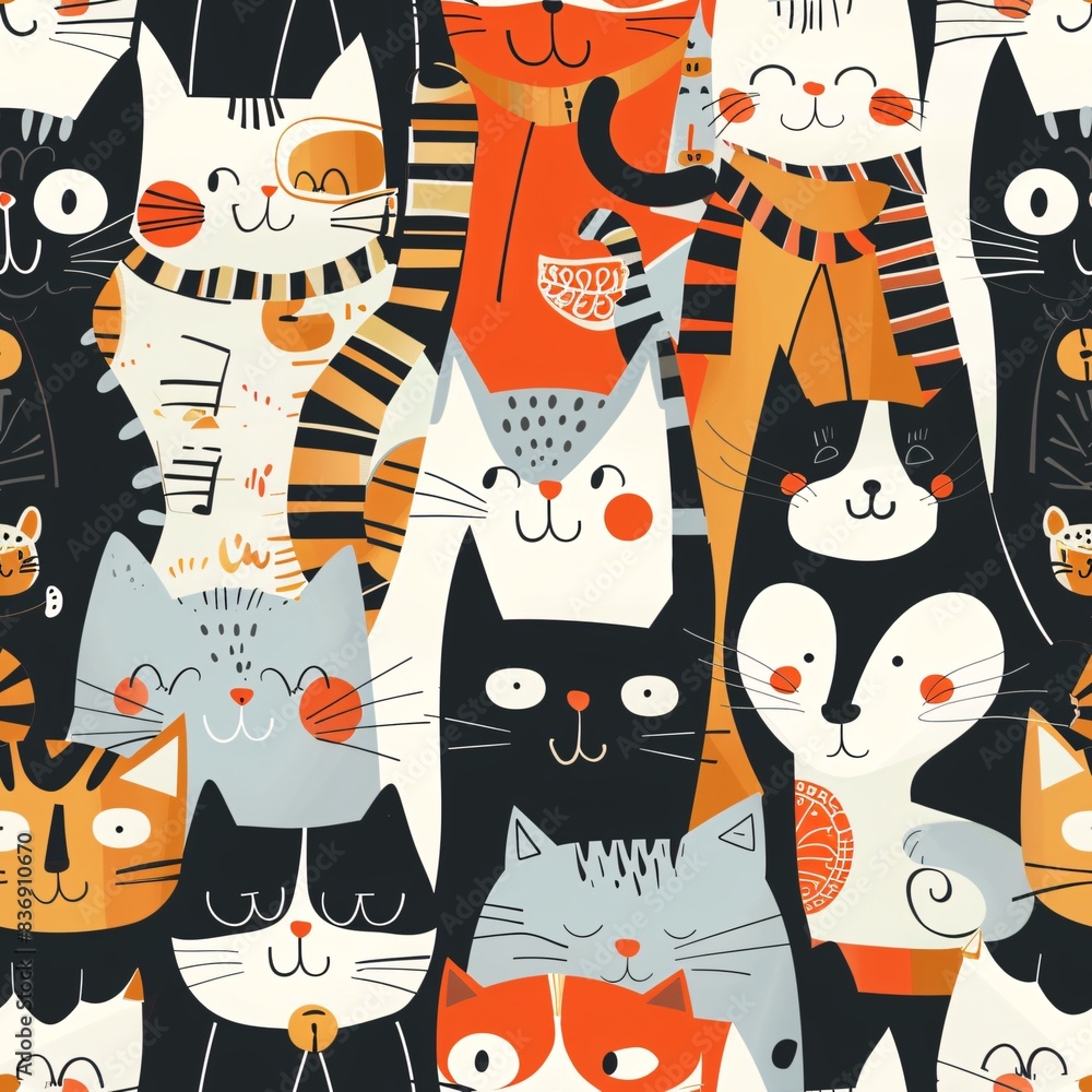 Aufkleber a seamless pattern with an array of cartoon cats in different playful poses and outfits, intricately