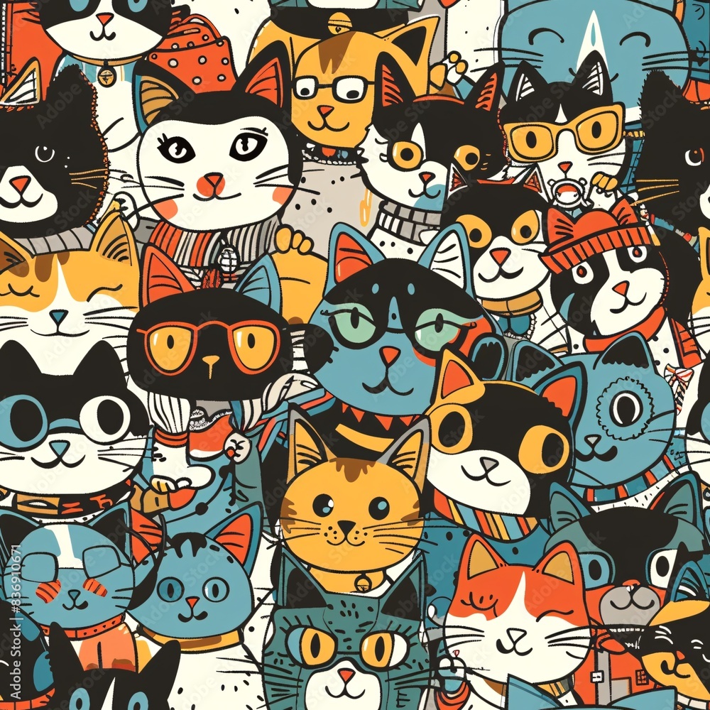 Aufkleber a seamless pattern with an array of cartoon cats in different playful poses and outfits, intricately