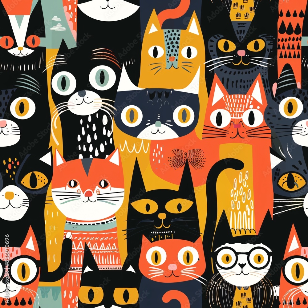 Aufkleber a seamless pattern with a variety of cartoon cat characters, each with unique colors and accessories