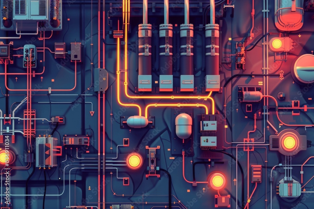 Poster colorful circuit board background with glowing elements, depicting technology and electronics with i
