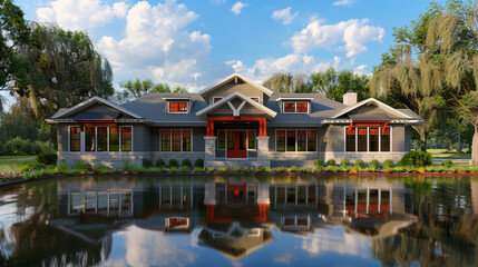 Fototapeta premium Front view of a newly constructed craftsman style gray house with red accents, located by a tranquil lake.