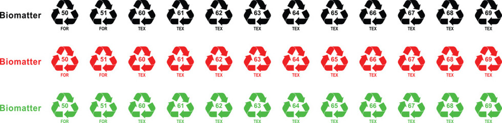 Recycling Bio-matter mark. FOR, TEX. Ecological recycling codes. Zero waste. Editable Colorful flat recycle icons. Mobius loop. Isolated on white background.