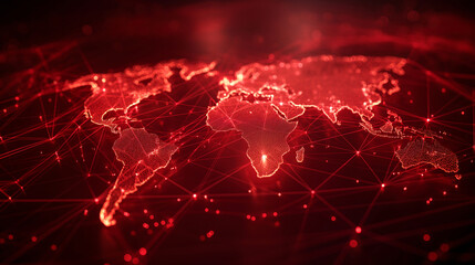 Explore the red world map adorned with a captivating glow of the global network light.	