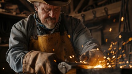Cowboy Blacksmith Crafting with Sparks at Forge - Traditional Craftsmanship in Rustic Workshop Setting