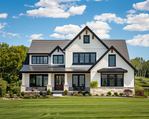 Luxurious Craftsman Style New Construction Cream House Highlighting Minimalist Design and Spacious Interiors in a Peaceful Lakeside Community