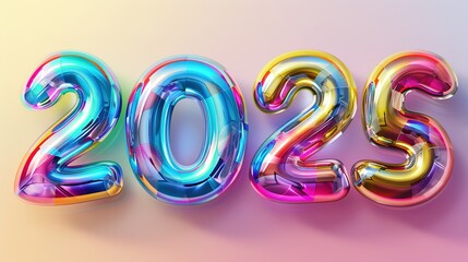 "2025" spelled out in four letters, lined up in a straight line, crafted from glossy jelly material with a smooth, rainbow sheen, against a solid color background.