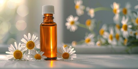 Aromatic essential oil bottle surrounded by fresh chamomile flowers. Perfect for wellness, aromatherapy, and herbal medicine concepts.