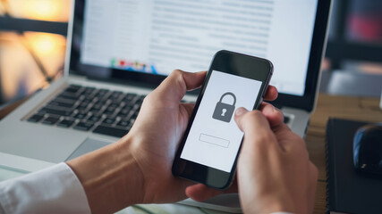 A person's hands holding a smartphone, with an emphasis on the screen displaying a padlock