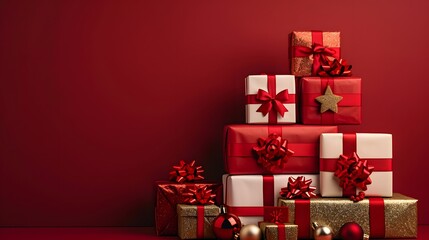 A pile of Christmas gifts are stacked in an elegant pyramid, showcasing the joy and excitement associated with holiday giving.